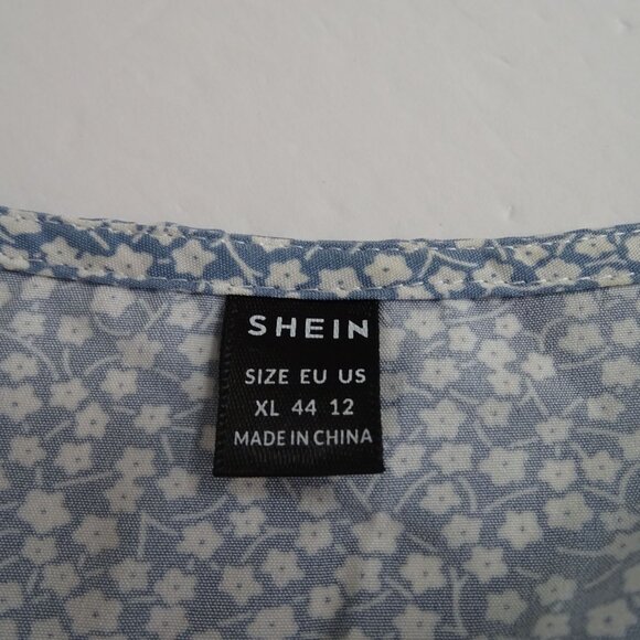 Shein Blue Printed Faux Wrap Dress With Ruffle Short Sleeves Women Size XL US 12 - Picture 6 of 12